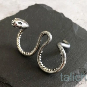 925 Sterling Silver Double Finger Snake Serpent Statement Ring Adjustable Unique - Picture 1 of 12