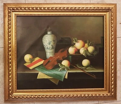 Carré Peinte à la Main Sur Tela Cadre Lis + Dist. en Bois Feuille Or - Photo 1/4