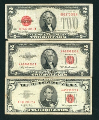 (( THREE NOTES )) $2/ $5 1928/ 1953/ 1963 United States ** PAPER CURRENCY - Image 1 of 2
