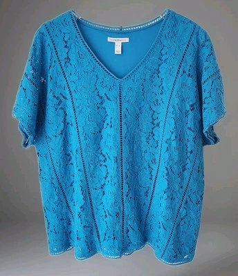 Isaac Mizrahi Live Blouse XL Turquoise Blue V Neck Short Sleeve Lace Overlay - Image 1 of 4