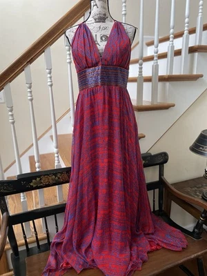 Jovani Red Blue Silk Formal Dress ~ Beaded ~ Open Back Halter Style ~ 20 - Image 1 of 4