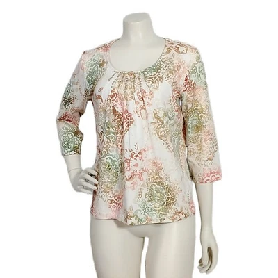 Top Alfred Dunner Petite Pequeño PS Adornado con Cuentas Manga 3/4 Tonos Tierra  Foto 1 de 4