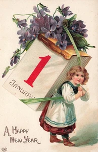 EAS NEW YEAR POSTCARD GIRL CARRIES CALENDAR AND VIOLETS c1910 EMBOSSED 081724 U - Picture 1 of 2