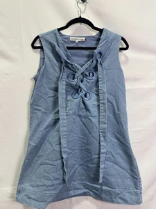 English Factory Blue Denim Lace Up Mini Dress Size M with Paint Chipping on Ring - Picture 1 of 7