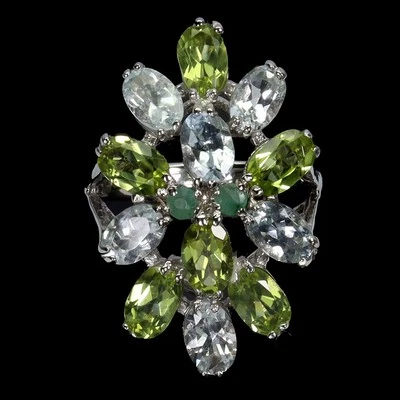 925 Sterling Silver Ring Oval Peridot 6x4mm Aquamarine Emerald Gemstone Size 9 - Image 1 of 4