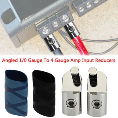Pair of Aluminum Offset Angled 1/0 Gauge to 4 Gauge Amp Input Reducers AS - Image 1 of 4