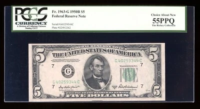 DBR 1950-B $5 FRN Chicago Fr. 1963-G PCGS 55 PPQ Serial G40259344C - Image 1 of 2