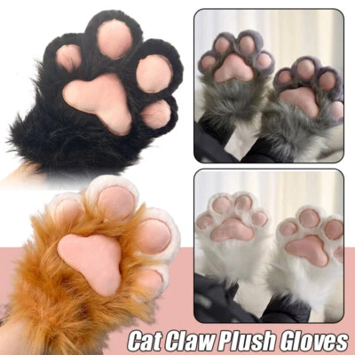 1Pair Plush Furry Cat Claw Gloves Faux Fur Fox Paws Halloween Cosplay Costume - Image 1 of 4