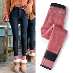 Women High Waist Fleece Lined Jeans Winter Warm Casual Stretch Pants Trousers - Picture 1 of 12