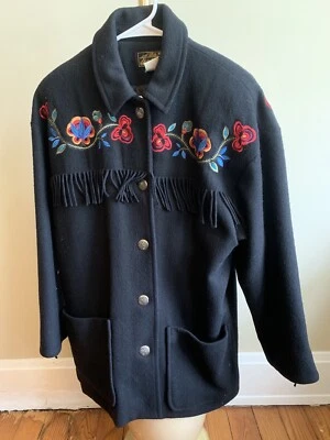 Vintage Eddie Bauer Wool Jacket Womens Small Western Tassels Floral USA - Image 1 of 4