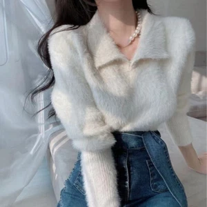 Women Faux Mohair Sweater Jumper Short Knitted Pullover Top Winter Warm Fashion - Picture 1 of 16