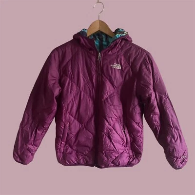 The North Face Jacket Girls L 16/18 Hooded Purple Reversible Plaid Mossbud 550 - Image 1 of 4