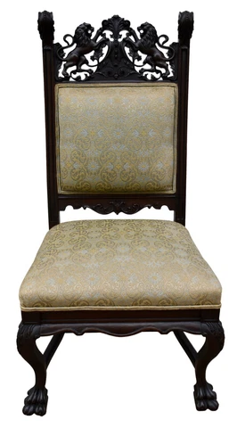 Antique Carved Oak Renaissance Revival Chair w/Rampant Lions Cover