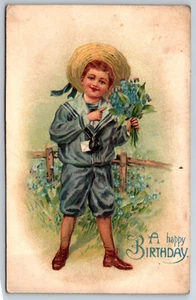 Happy Birthday Boy In Blue Flowers Hat Card C1910 DVB Postcard - Picture 1 of 2