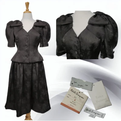 ADELE SIMPSON Black Silk SUIT Bow Lily Jacquard Skirt Jacket Top VTG 80s New 6 - Image 1 of 4