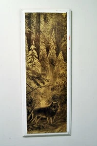 Litografía vintage 1988 Bill O'Neill blanco y negro lobo en el bosque enmarcado en la naturaleza - Imagen 1 de 4