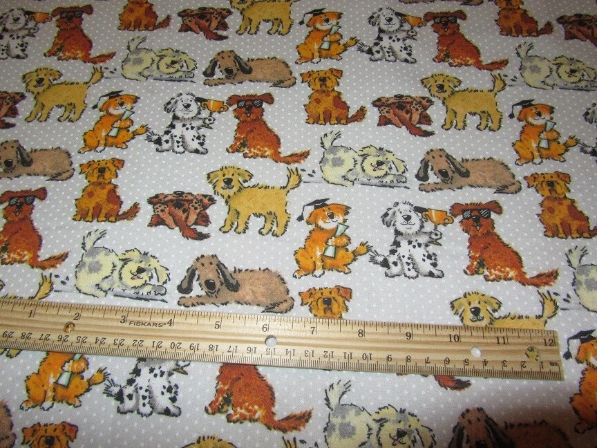 2 Yards Gray Polka Dot With Multicolored Dogs Toss Flannel Fabric - Image 1 of 1