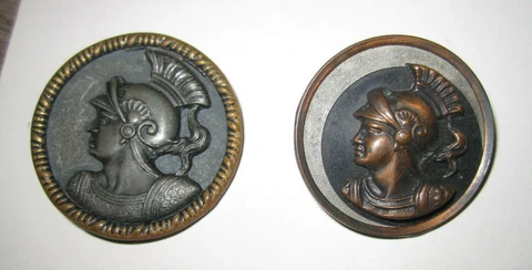 2 Vintage metal picture buttons, Medieval knight w Roman centurion style helmet Cover
