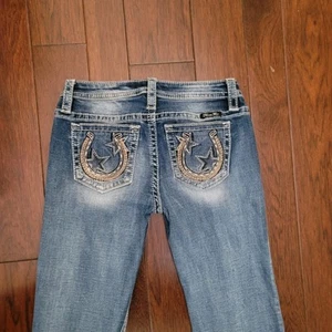 MISS ME Girls Boot cut Jeans- Med Blue- 14/28 Horseshoe Pockets - Picture 1 of 11