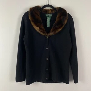 Lauren Ralph Lauren Faux Fur Collar Cardigan Petite Small Merino Cashmere Angora - Picture 1 of 10