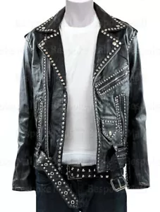 New Women Black Silver Studded Punk Brando Cowhide Leather Jacket Belted-146 - Picture 1 of 4