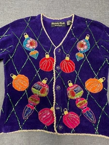 Christopher Radko seltener Weihnachtspullover lila Perlen Ornamente Goldseil Gr. M - Bild 1 von 11