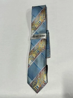 Mens Stacy Adams Blue Multicolor Pattern Tie With Matching Pocket Square NEW - Image 1 of 3