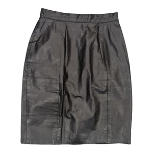 Vintage 80s 90s G III Black Genuine Real Leather Midi Skirt Women Sz 8 Made USA  - Picture 1 of 6