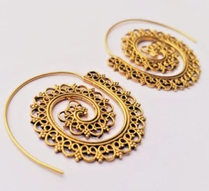 Brass Spiral Earrings Tribal Hoops Golden Vintage Gypsy Ethnic Women Jewelry - Picture 1 of 7