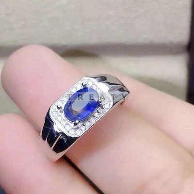 Piedra preciosa de zafiro azul de corte ovalado con anillo de plata de ley 925 para hombre #229 Foto 1 de 4