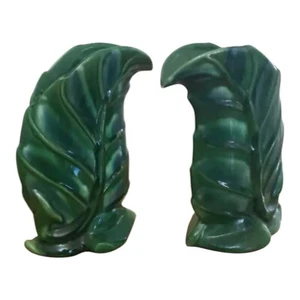 Vintage Pair Of MCM Green Glaze  Pottery Leaf Vase 6.5” - Picture 1 of 10