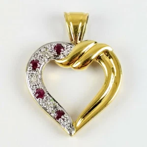 Sterling Silver Gold Vermeil Ruby & Diamond 1-1/8" Open Heart Pendant - Picture 1 of 4
