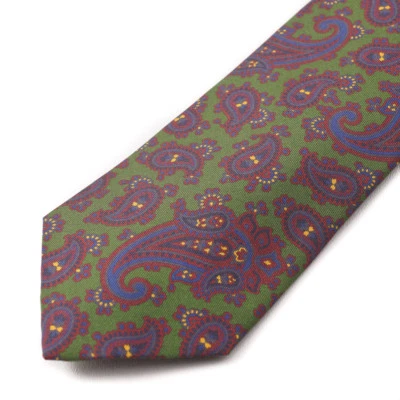 Corbata de seda con estampado de cachemira verde-azul-rojo Cesare Attolini Napoli hecha a mano Foto 1 de 3