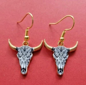 Bull Earrings Farm Animals White Black Gold Dangle Charm Cow Taurus - Picture 1 of 4