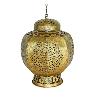 Elegante lanterna candela metallo ottone traforato stile antico oro giardino marocchino - Foto 1 di 1