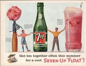 1957 - 7-Up - Niño y niña - Botella &-Up - Cuchara de helado - Flotador - Anuncio de revista - Imagen 1 de 1