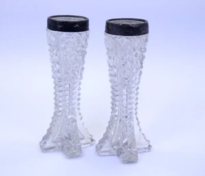 2 pc Antique "GM" 1916 Birmingham CUT CRYSTAL Sterling Silver Candlestick Set - Picture 1 of 8