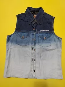 Harley Davidson Sleeveless Denim Shirt Top Collared Button tri-color Size S - Picture 1 of 6