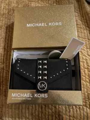 MICHAEL KORS STUDDED ENVELOPE BELT PHONE BAG BLACK LEATHER /SILVER NWT $148 - Image 1 of 2