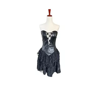 Abito corsetto pelle nera vintage anni '80 gonna tutù a strati con volant gotico XS/S - Foto 1 di 10