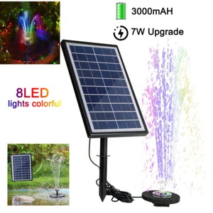 Solar Fountain Pump 7W Panel 400L/H Battery Backup Water Pump w/ 8-LEDS Light UK - Picture 1 of 19