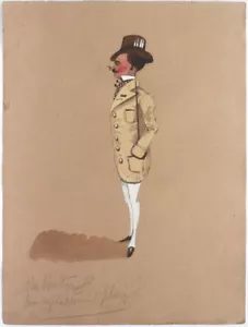 Dessin 19e siècle aquarelle + gouache caricature théatre Dandy Grandville Guys - Picture 1 of 3