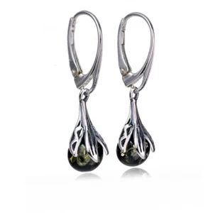 Sterling Silver Green Amber Pear Dangle Earrings 925 Snowdrop Gift - Picture 1 of 5