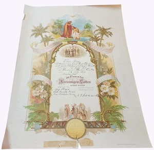 1908 Baptismal Fraktur Edna May Shawano Wisconsin 12 1/2 x 17 Inches Vintage Rel - Picture 1 of 3