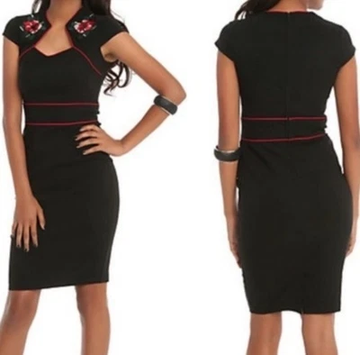 Vestido Lápiz Hell Bunny Vixen Negro y Rojo Hibisco Floral Manga Casquillo Moveble Talla-M Foto 1 de 4