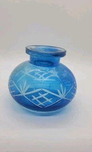 Vintage Teal Blue Cut Glass Perfume Style Bottle 4" No Top - Picture 1 of 5