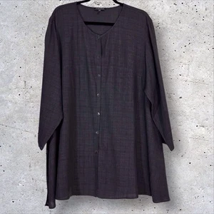 Eileen Fisher Woman Linen Blend Tunic Top 1X Graphite Gray Black Basket Weave - Picture 1 of 10