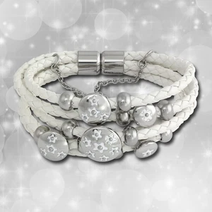 Pulsera de cuero Amello flores blancas con cierre magnético de acero inoxidable LAQ001W9 - Imagen 1 de 2