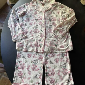 Pijama de trabajo de pájaro en flor de cerezo cabezal de cama para Neiman Marcus conjunto de pijama raro XL Boho - Imagen 1 de 22