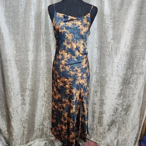 Vestique Marine Gold Barock Schlupfkleid Damen kleiner Wasserfallausschnitt Satin Midi Maxi - Bild 1 von 9